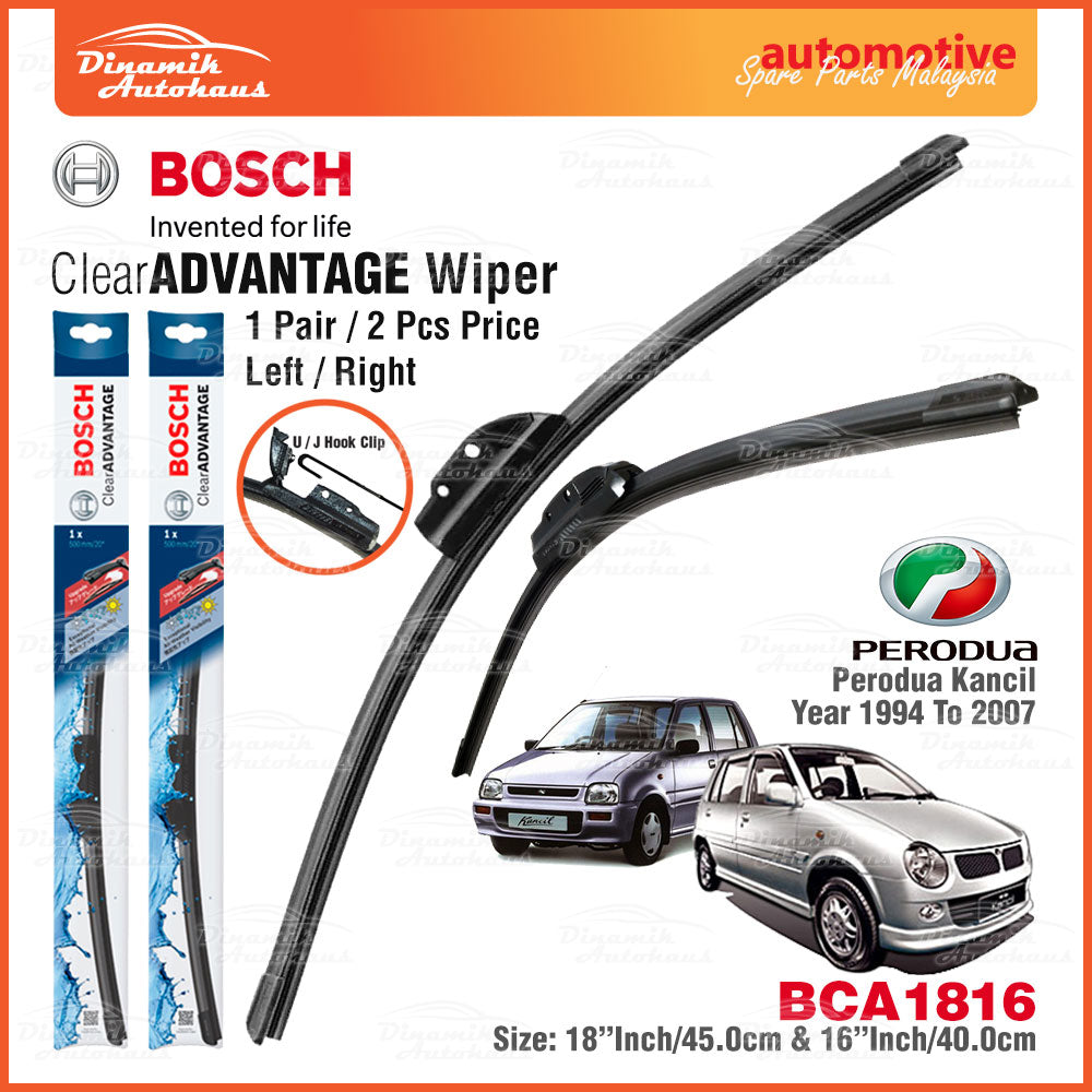 Perodua Kancil Car Auto Front Windshield Wiper Size 18" & 16" Inch (1 Pair) Bosch Clear Advantage Wiper BCA1816