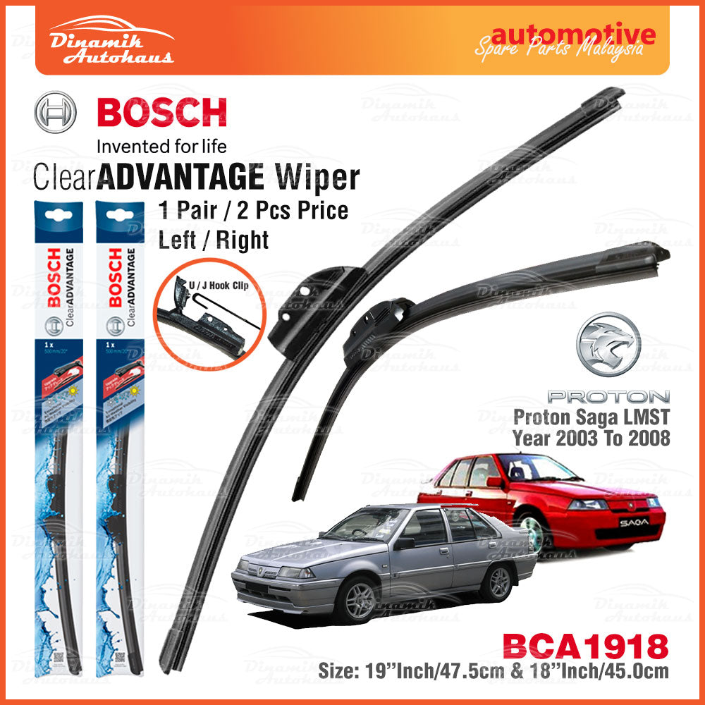 Proton Saga LMST Car Auto Front Windshield Wiper Size 19" & 18" Inch (1 Pair) Bosch Clear Advantage Wiper BCA1918