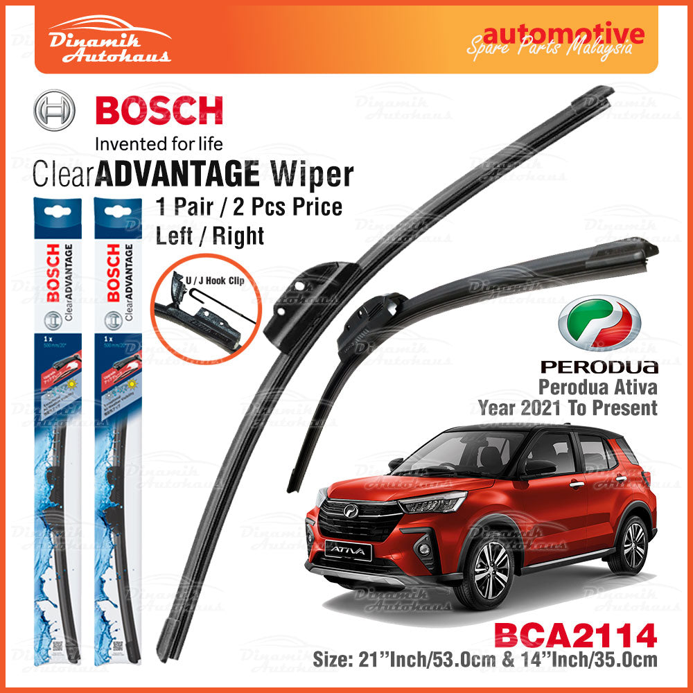 Perodua Ativa Car Auto Front Windshield Wiper Size 21" & 14" Inch (1 Pair) Bosch Clear Advantage Wiper BCA2114